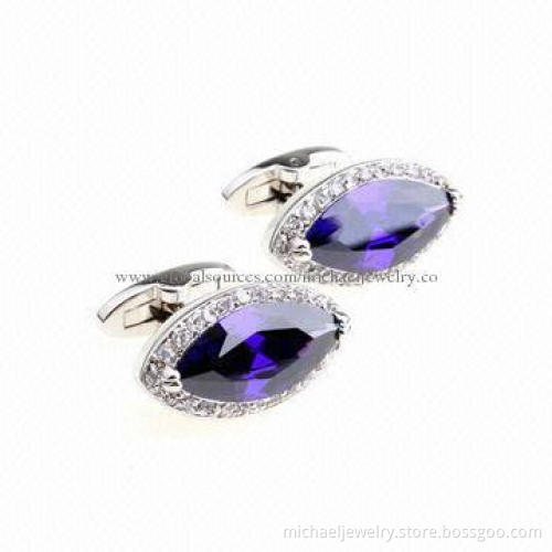Brass cufflinks with purple CZ stone and transparent CZ stone